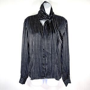 Jacques Fath Vintage Black White Print Blouse Top‎ Button Tie Neck Size M Satin